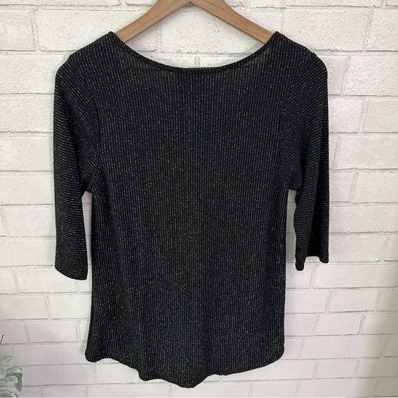 W5 Black Metallic 3/4 Sleeve Tie Front Top - Picture 9 of 11